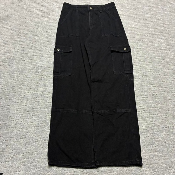 Denim - Women's y2k 2000s black baggy cargo denim stacked loose fit super baggy jeans